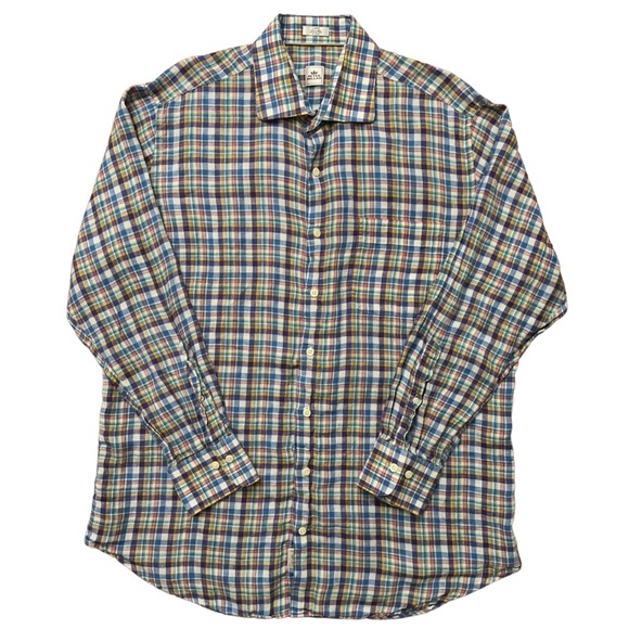 Peter Millar Shirt Mens Size L Long Sleeve Button 100% Linen Plaid Multicolor - Picture 1 of 4